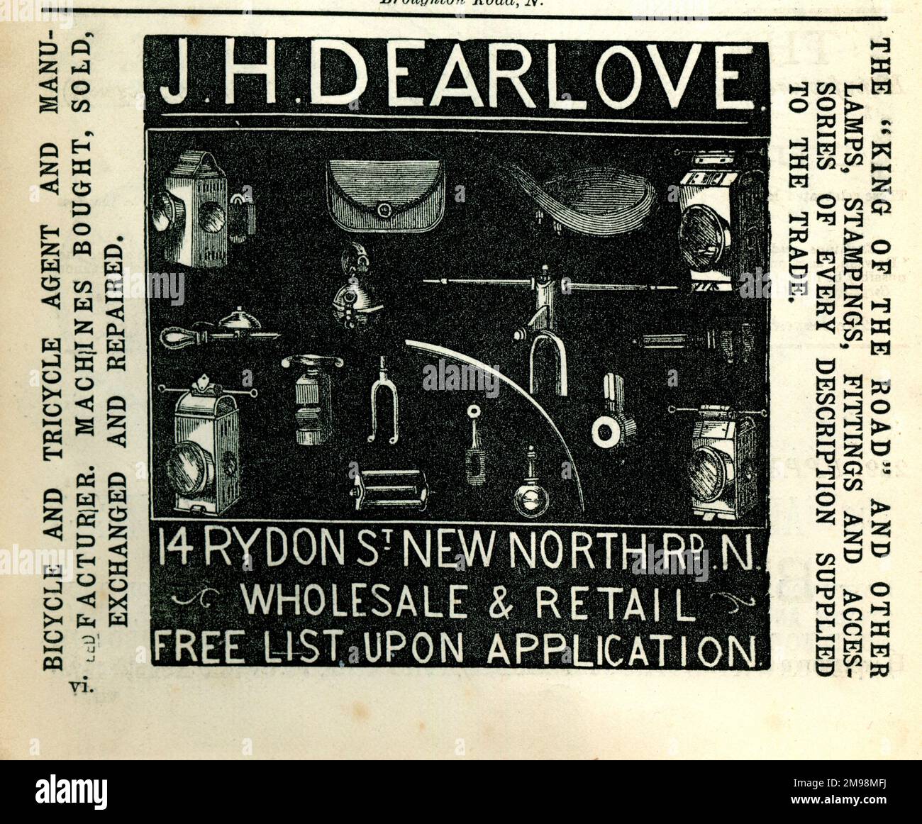 Advertisement, J H Dearlove, Rydon Street, New North Road --   Bicycle Accessories. Stock Photo
