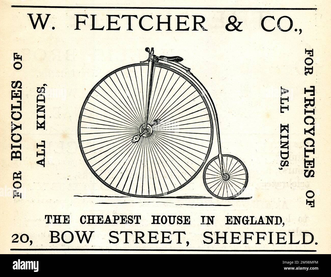 Advertisement, W Fletcher & Co, Bow Street, Sheffield, for bicycles and tricycles. Stock Photo