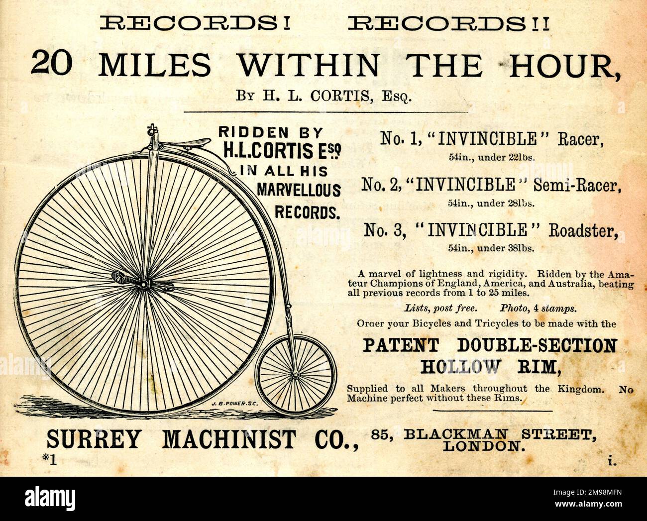 Advertisement, Surrey Machinist Co, Blackman Street, London, depicting a pennyfarthing bicycle. Stock Photo