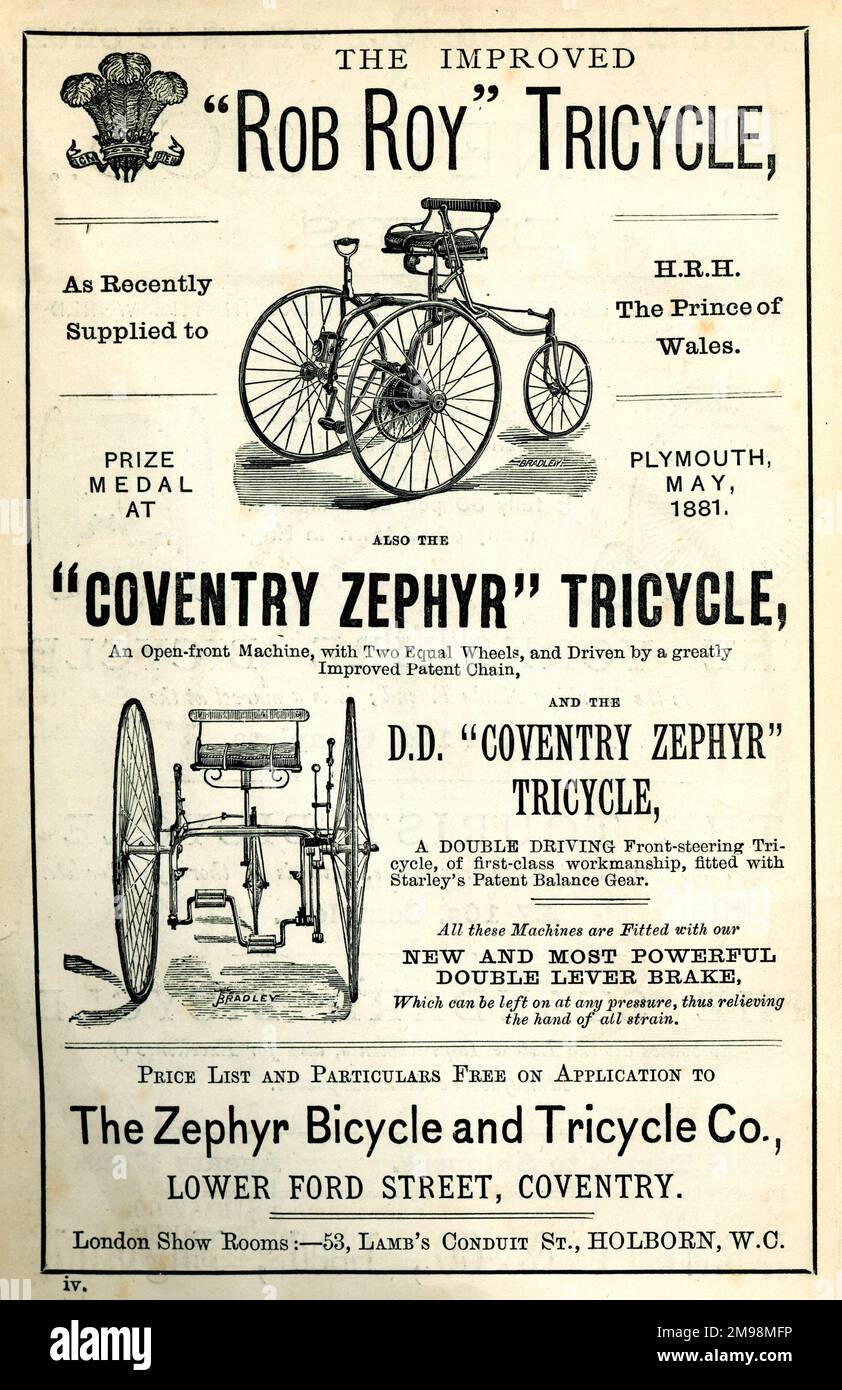 Advertisement, The Zephyr Bicycle and Tricycle Co, Lower Ford Street, Coventry. Stock Photo