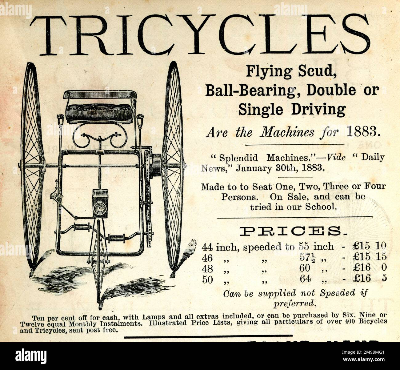 Advertisement for Tricycles - Flying Scud, Ball Bearing, Double or Single Driving. Stock Photo