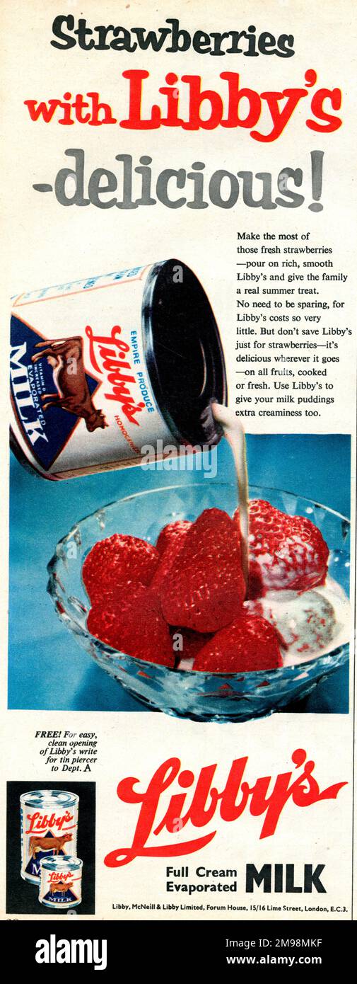 Advertisement, Libby's Full Cream Evaporated Milk, delicious with strawberries. Stock Photo