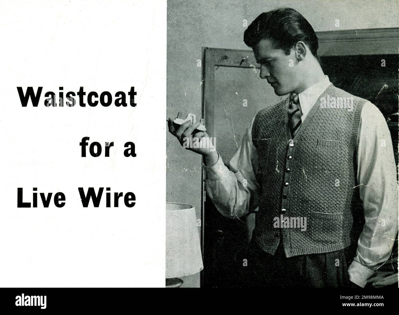 Knitting pattern, Waistcoat for a Live Wire, modelled by Roger Moore. Stock Photo
