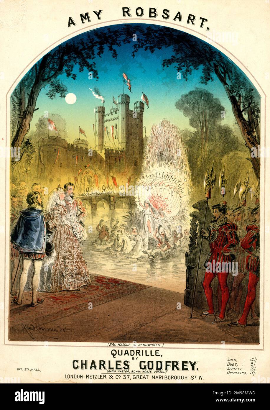 Music cover, Amy Robsart Quadrille by Charles Godfrey (Band Master of the Royal Horse Guards).  A Bal Masque at Kenilworth Castle. Superb design by Alfred Concanen. Stock Photo
