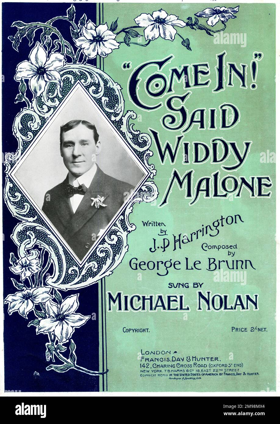 Music cover, Come In! said Widdy Malone, written by J P Harrington, composed by George Le Brunn, sung by Michael Nolan. Stock Photo