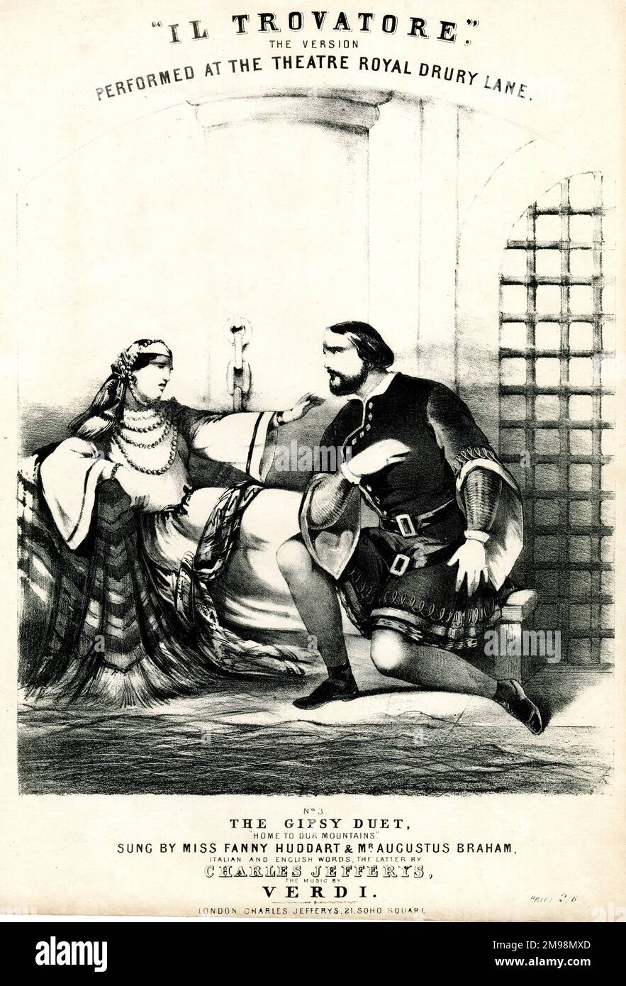 Music cover, The Gipsy Duet from Il Trovatore, opera by Verdi, in the version performed at the Theatre Royal, Drury Lane, London. Sung by Fanny Huddart and Augustus Braham. Stock Photo