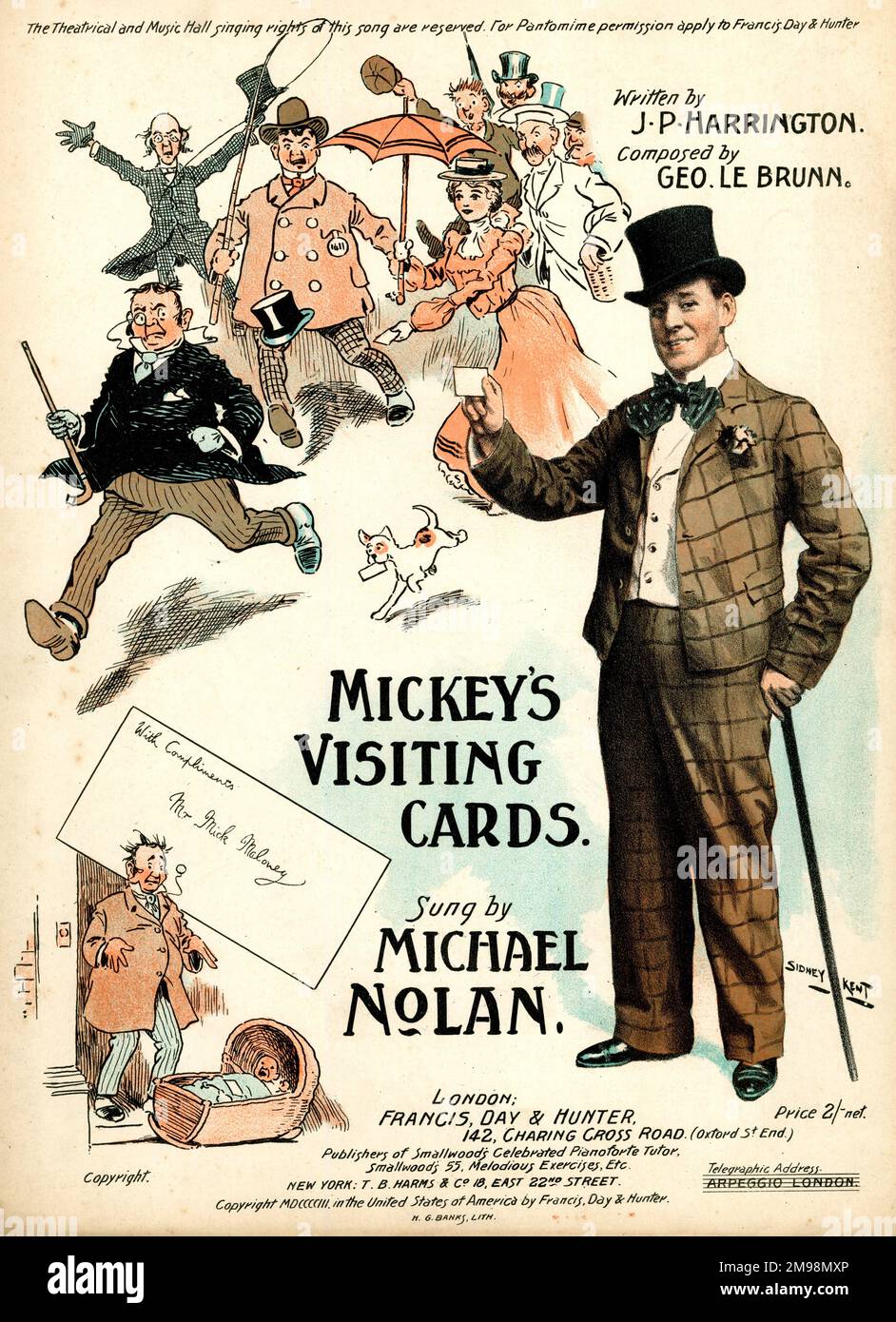 Music cover, Mickey's Visiting Cards, written by J P Harrington, composed by George Le Brunn, sung by Michael Nolan. Stock Photo