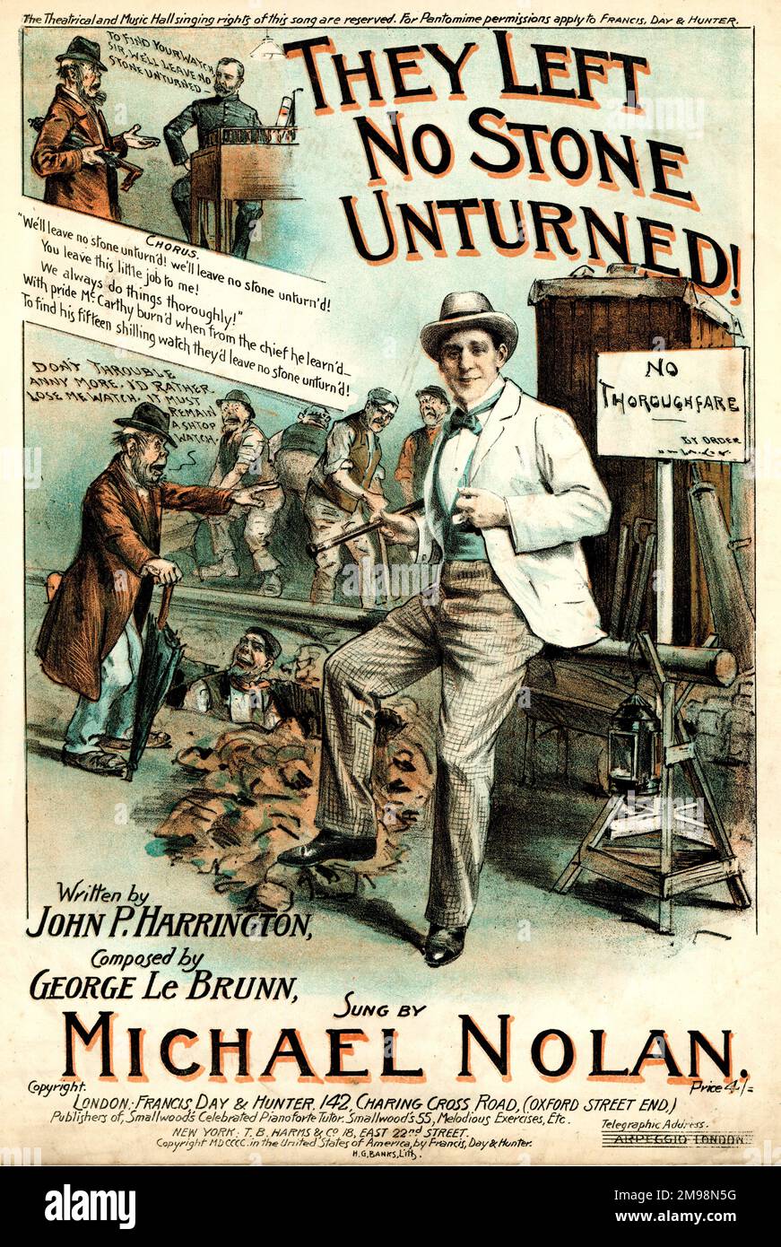 Music cover, They Left No Stone Unturned, written by John P Harrington, composed by George Le Brunn, sung by Michael Nolan. Stock Photo