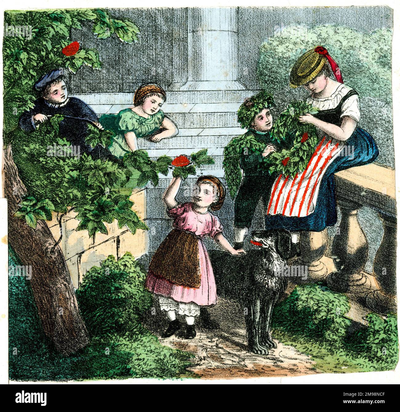 German print - Four Seasons, children in a garden in the spring. Stock Photo