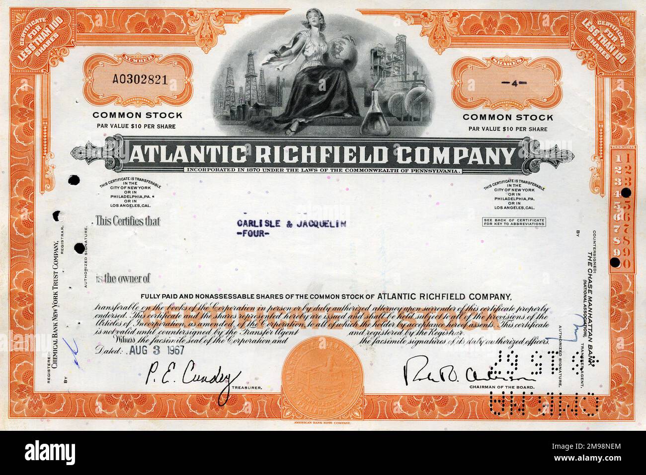Stock Share Certificate - Atlantic Richfield Company, 40 shares. Stock Photo