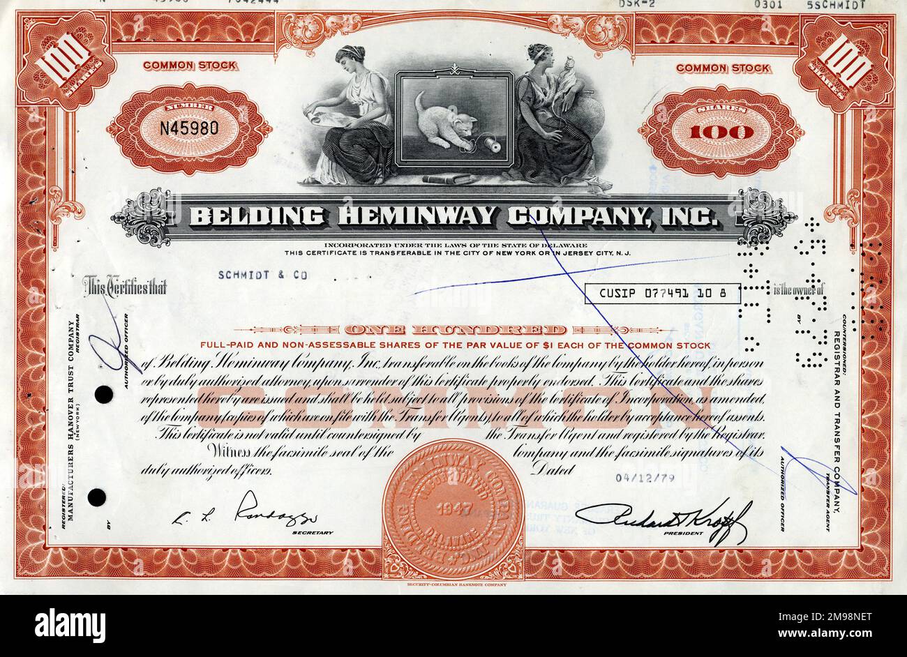 Stock Share Certificate - Belding Hemingway Company Inc, 100 shares. Stock Photo