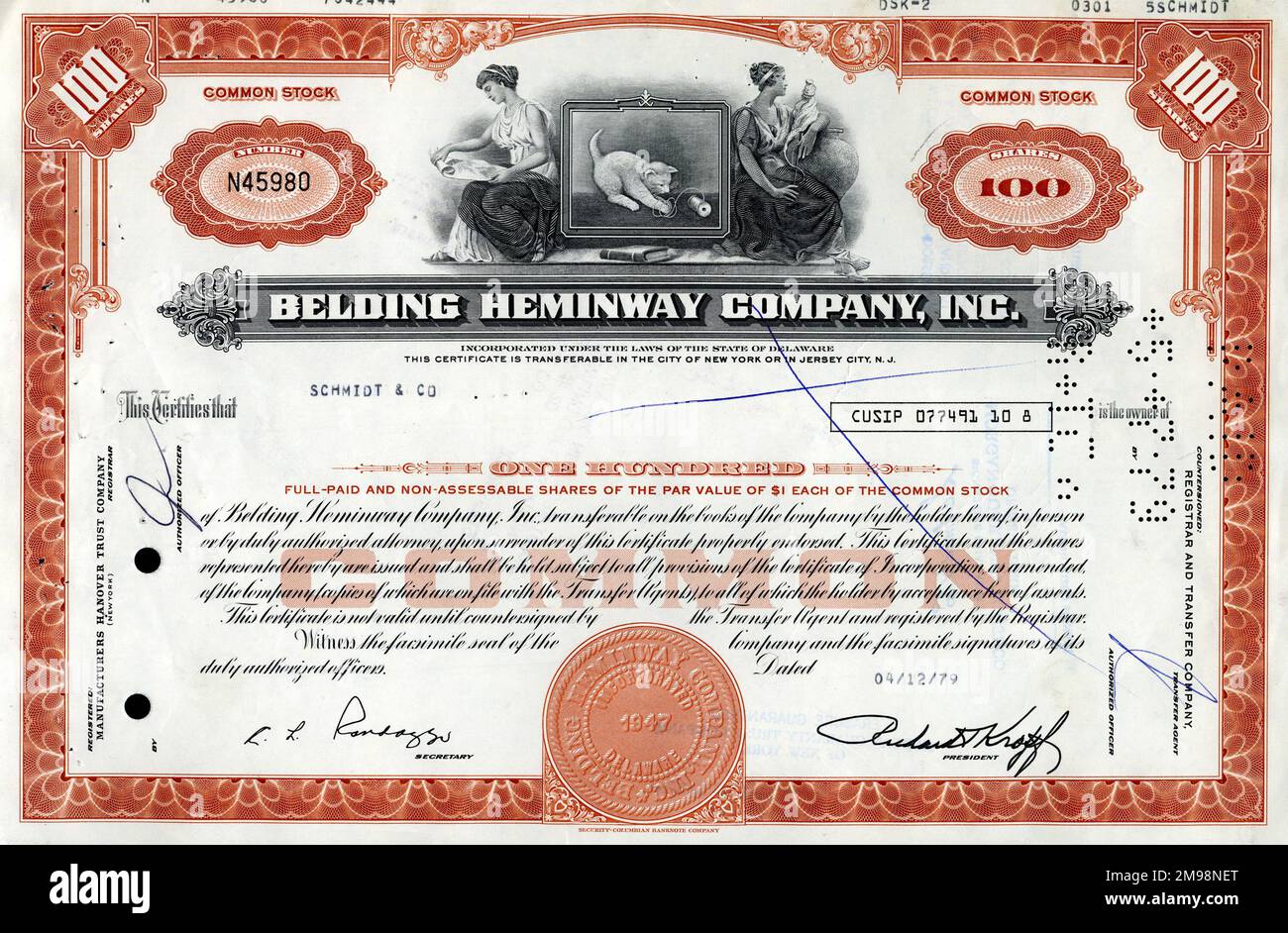 Stock Share Certificate Belding Hemingway Company Inc, 100 shares