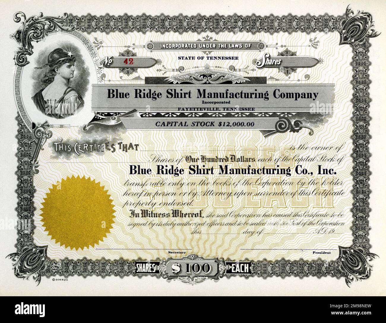 Stock Share Certificate - Blue Ridge Shirt Manufacturing Co, Tennessee, USA. Stock Photo