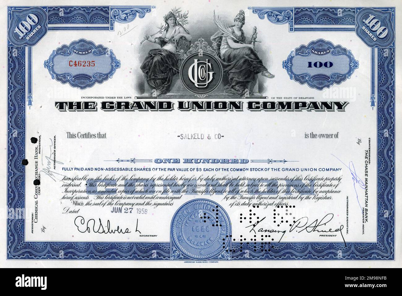 Stock Share Certificate - The Grand Union Company, 100 shares. Stock Photo