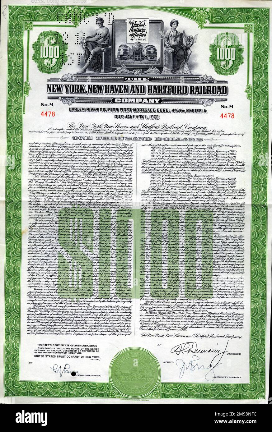 Stock Share Certificate - New York, New Haven and Hartford Railroad Company, 1000 shares. Stock Photo