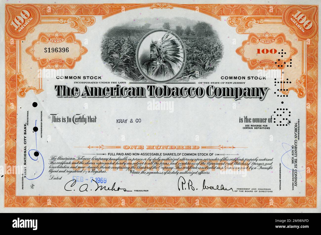 Stock Share Certificate - The American Tobacco Company, 100 shares. Stock Photo