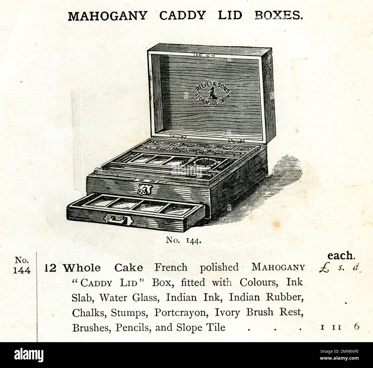 Mahogany Caddy Lid Box containing paints, inks and other items. Stock Photo