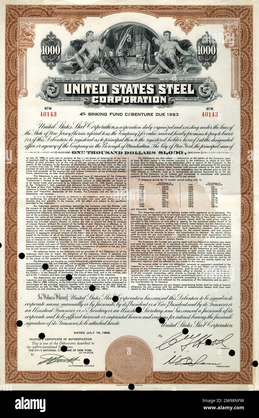 Stock Share Certificate - United States Steel Corporation, 1000 shares. Stock Photo
