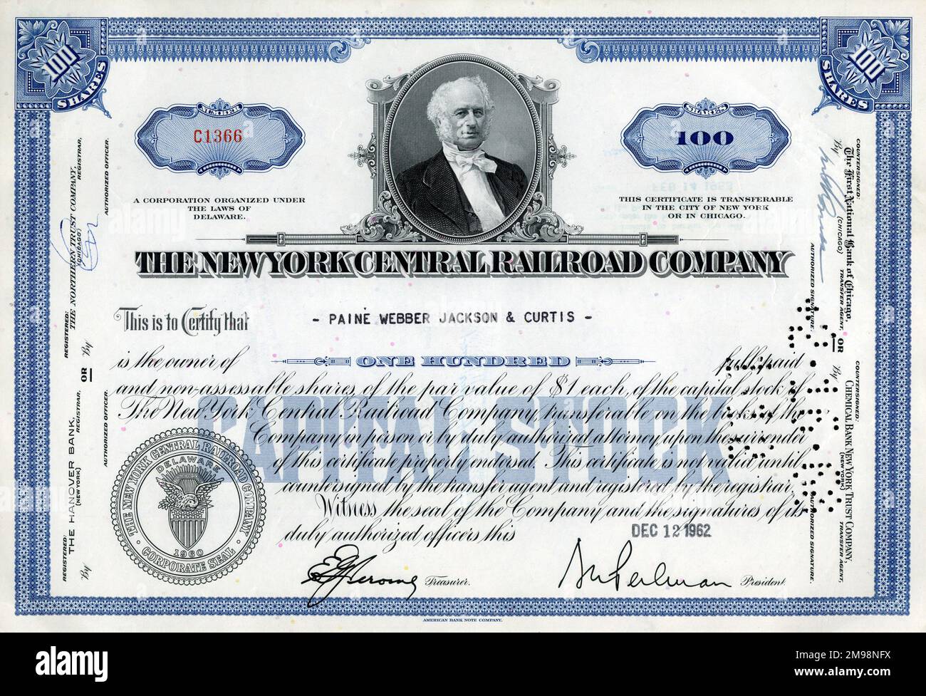 Stock Share Certificate - New York Central Railroad Company, 100 shares. Stock Photo