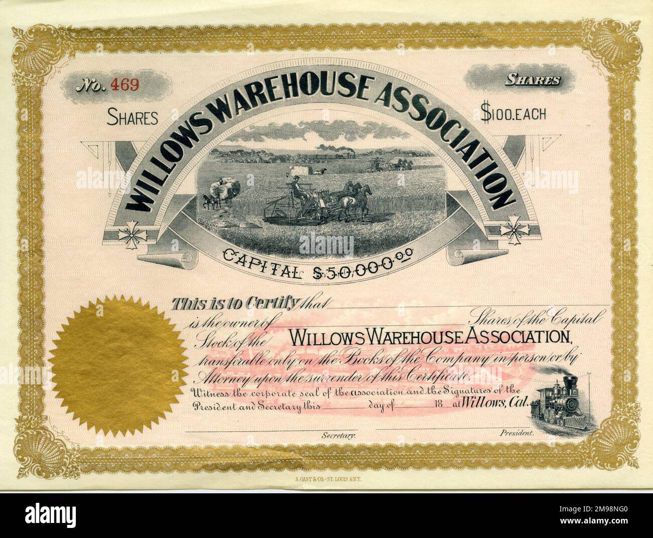 Stock Share Certificate - Willows Warehouse Association. Stock Photo