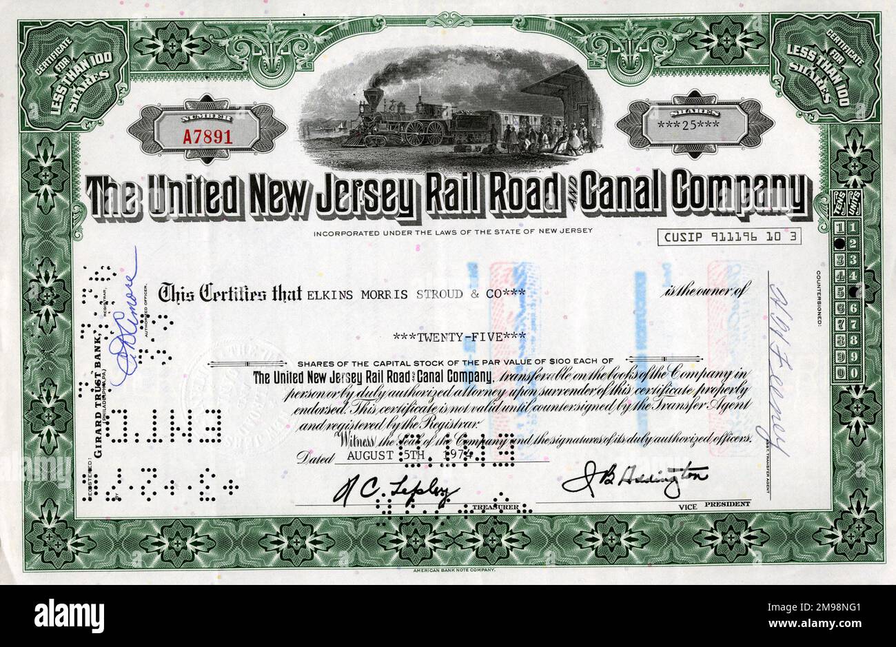 Stock Share Certificate - The United New Jersey Rail Road and Canal Company, 25 shares. Stock Photo