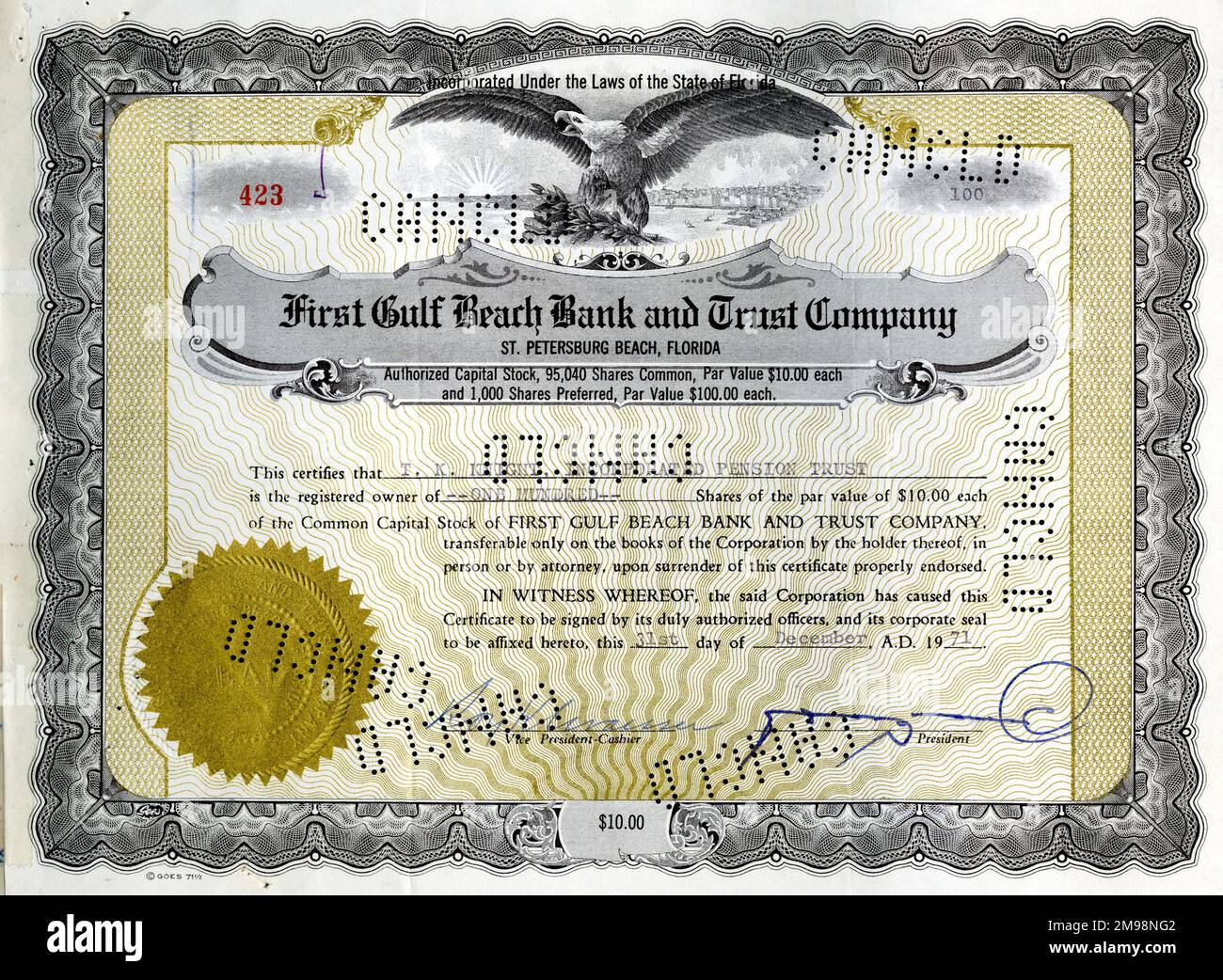 Stock Share Certificate - First Gulf Beach Bank and Trust Company, St Petersburg Beach, Florida, USA, 100 shares. Stock Photo