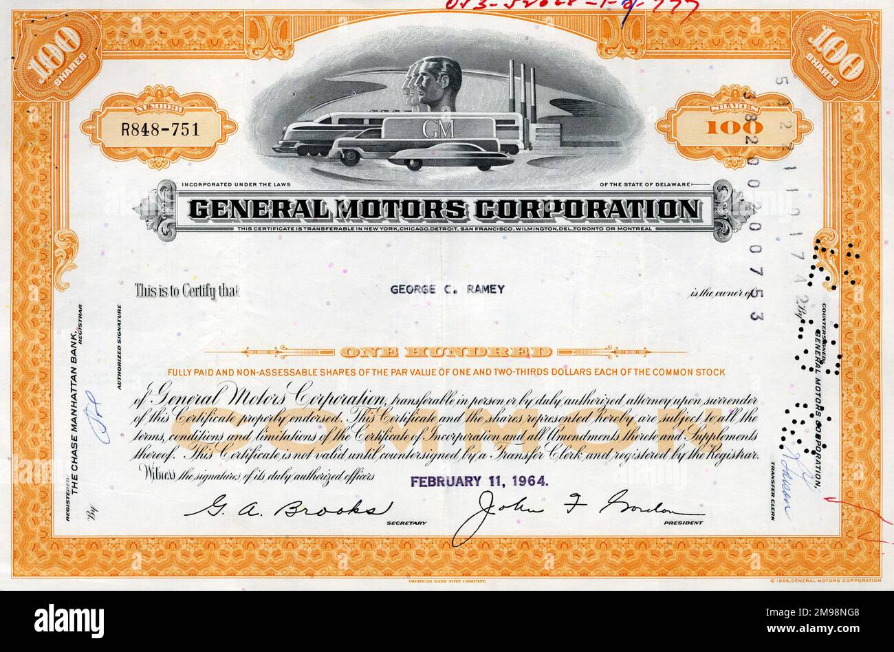 Stock Share Certificate - General Motors Corporation, 100 shares. Stock Photo