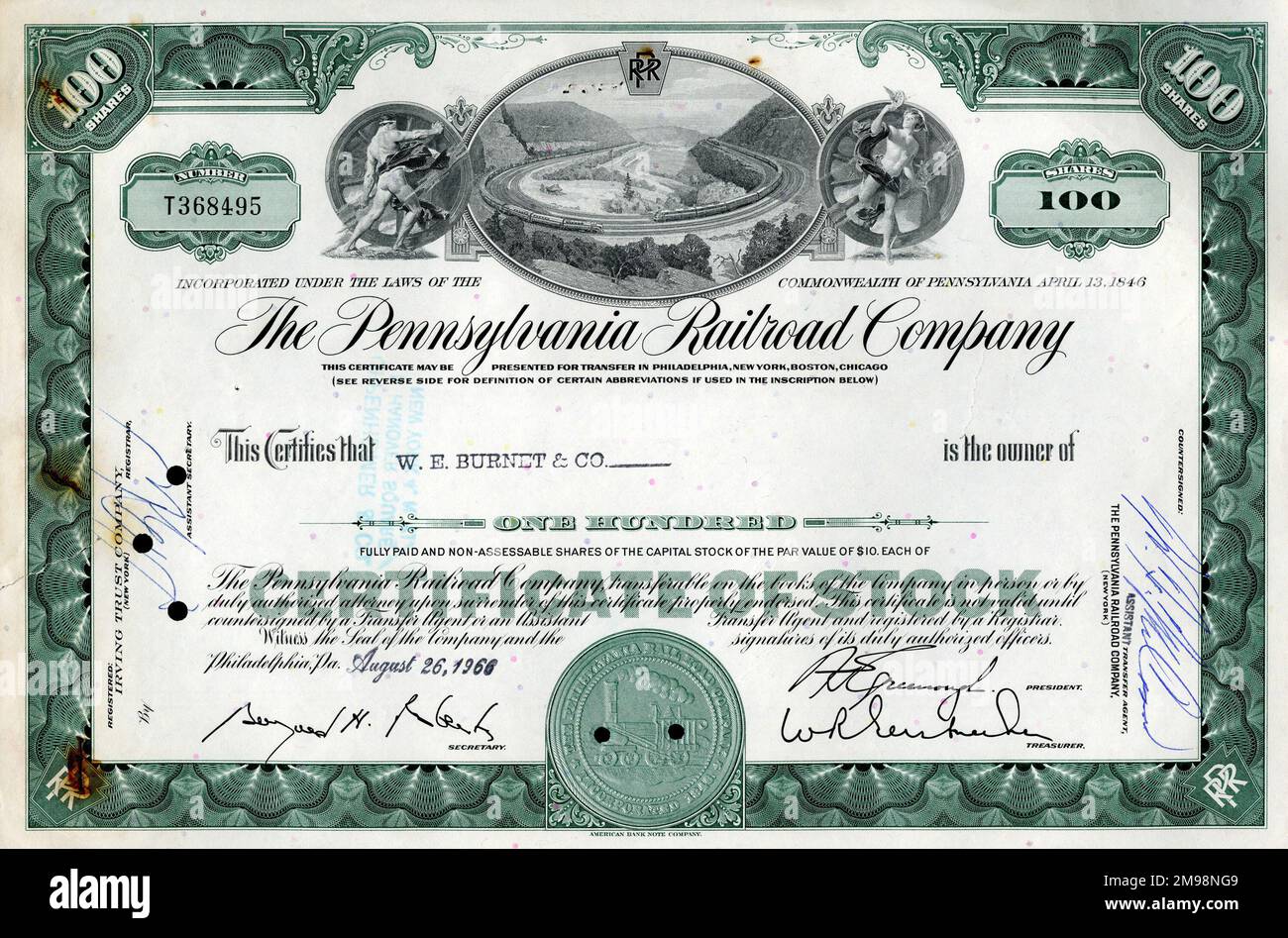 Stock Share Certificate - Pennsylvania Railroad Company, 100 shares. Stock Photo