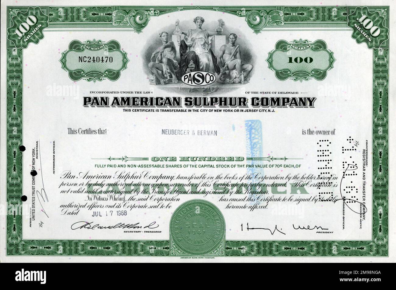 Stock Share Certificate - Pan American Sulphur Company, 100 shares. Stock Photo