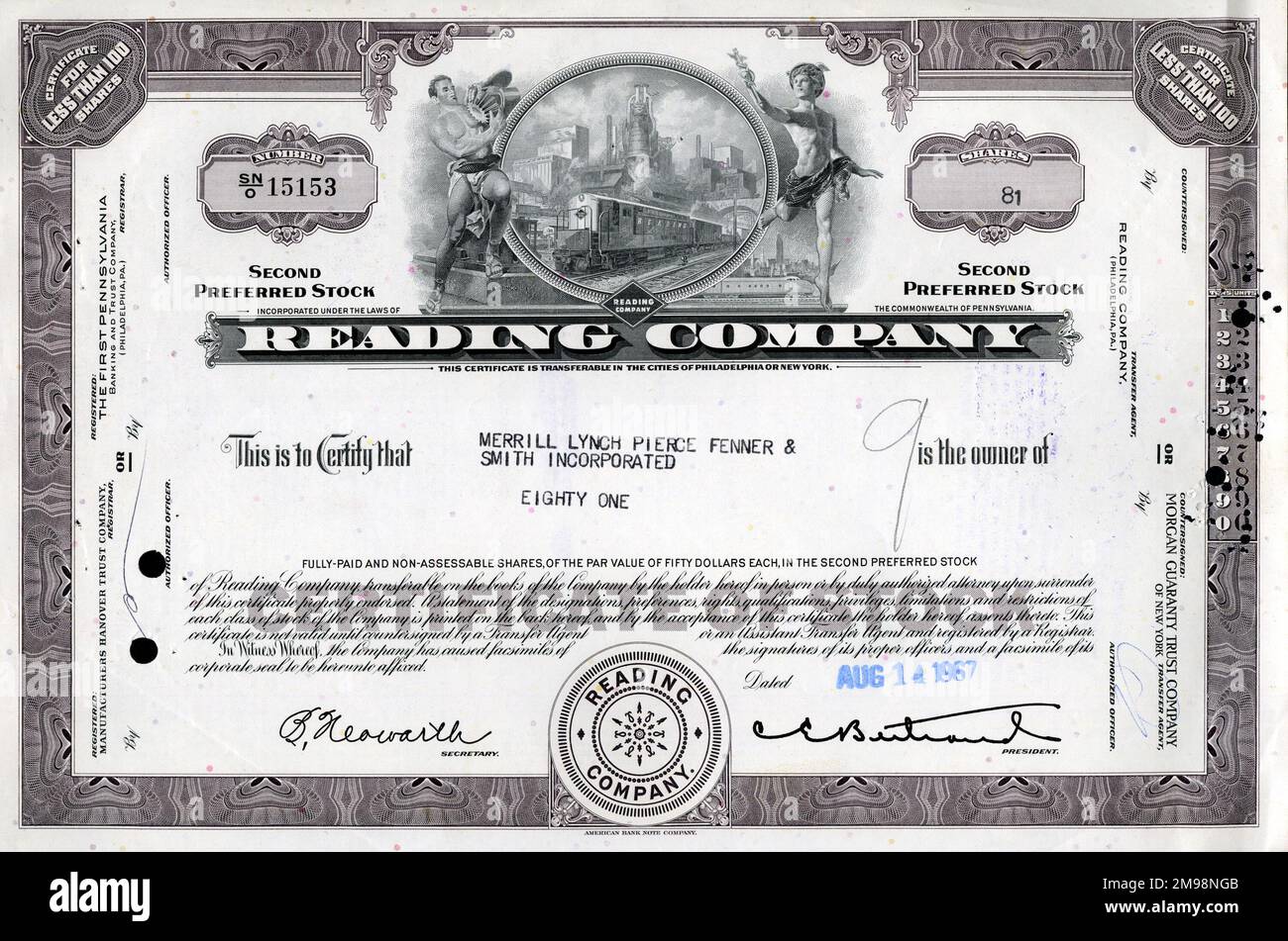 Stock Share Certificate - Reading Company, 81 shares. Stock Photo