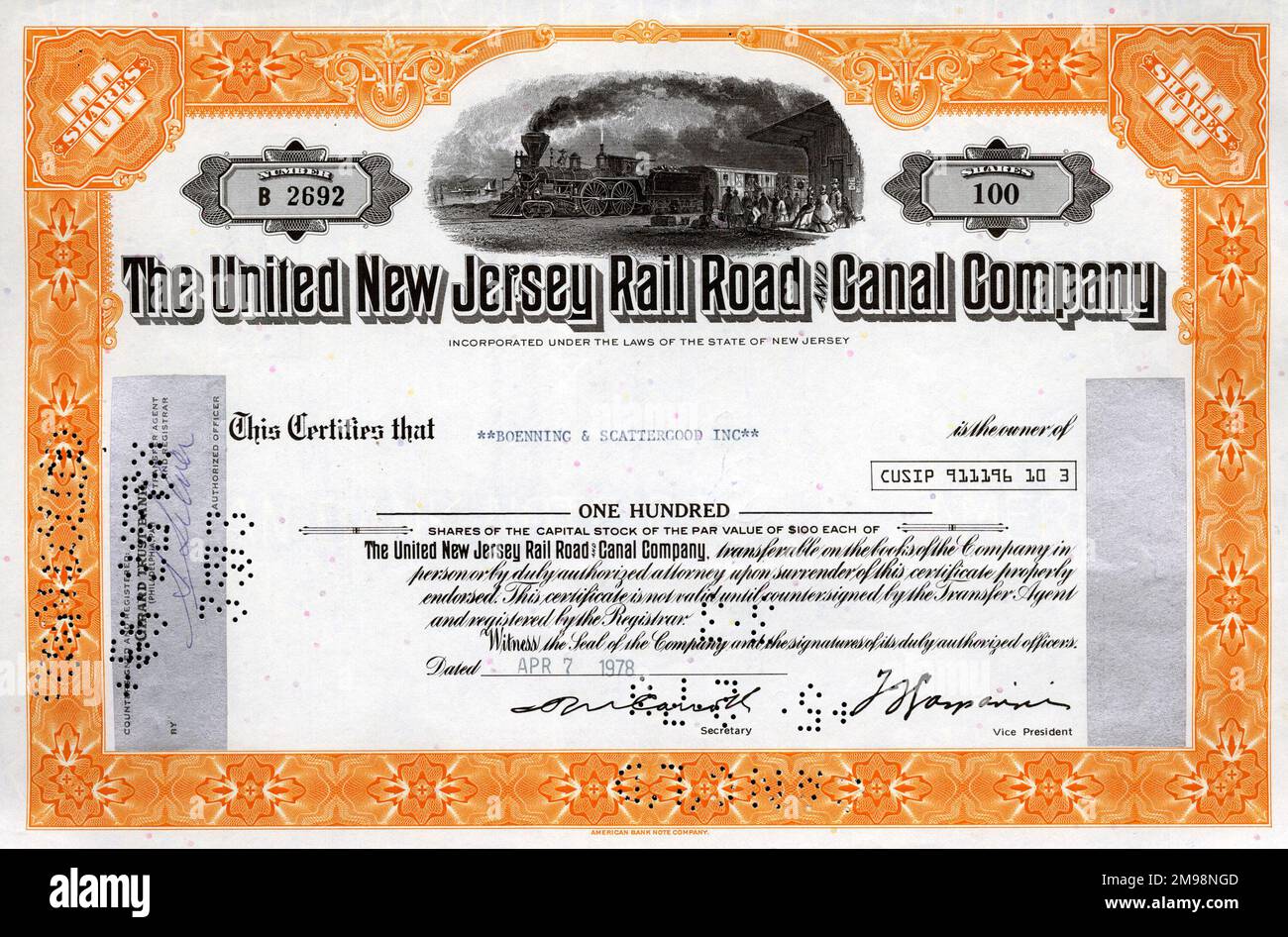 Stock Share Certificate - The United New Jersey Rail Road and Canal Company, 100 shares. Stock Photo