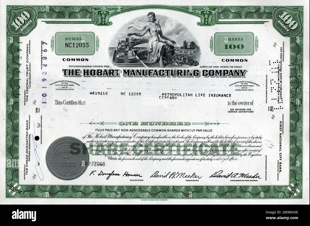 Stock Share Certificate - Hobart Manufacturing Company, 100 shares. Stock Photo