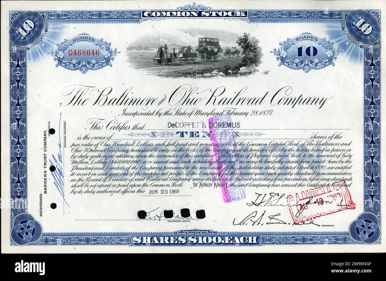 Stock Share Certificate - Baltimore and Ohio Railroad Company, 10 shares. Stock Photo