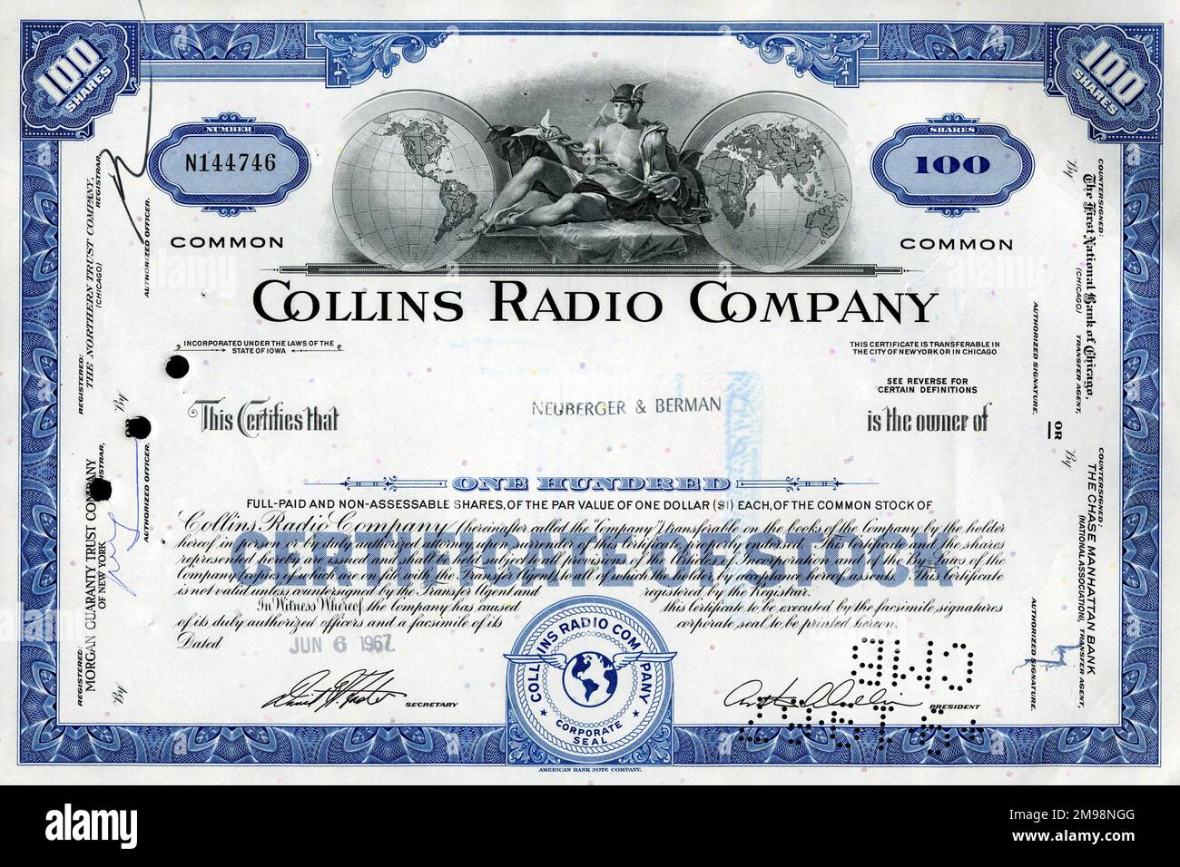 Stock Share Certificate - Collins Radio Company, 100 shares. Stock Photo