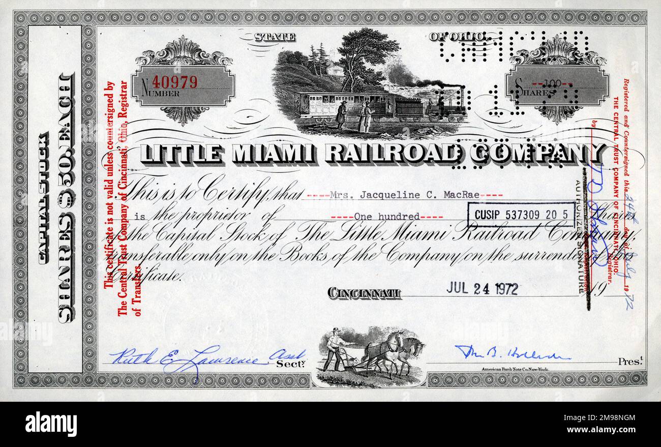 Stock Share Certificate - Little Miami Railroad Company, 100 shares. Stock Photo