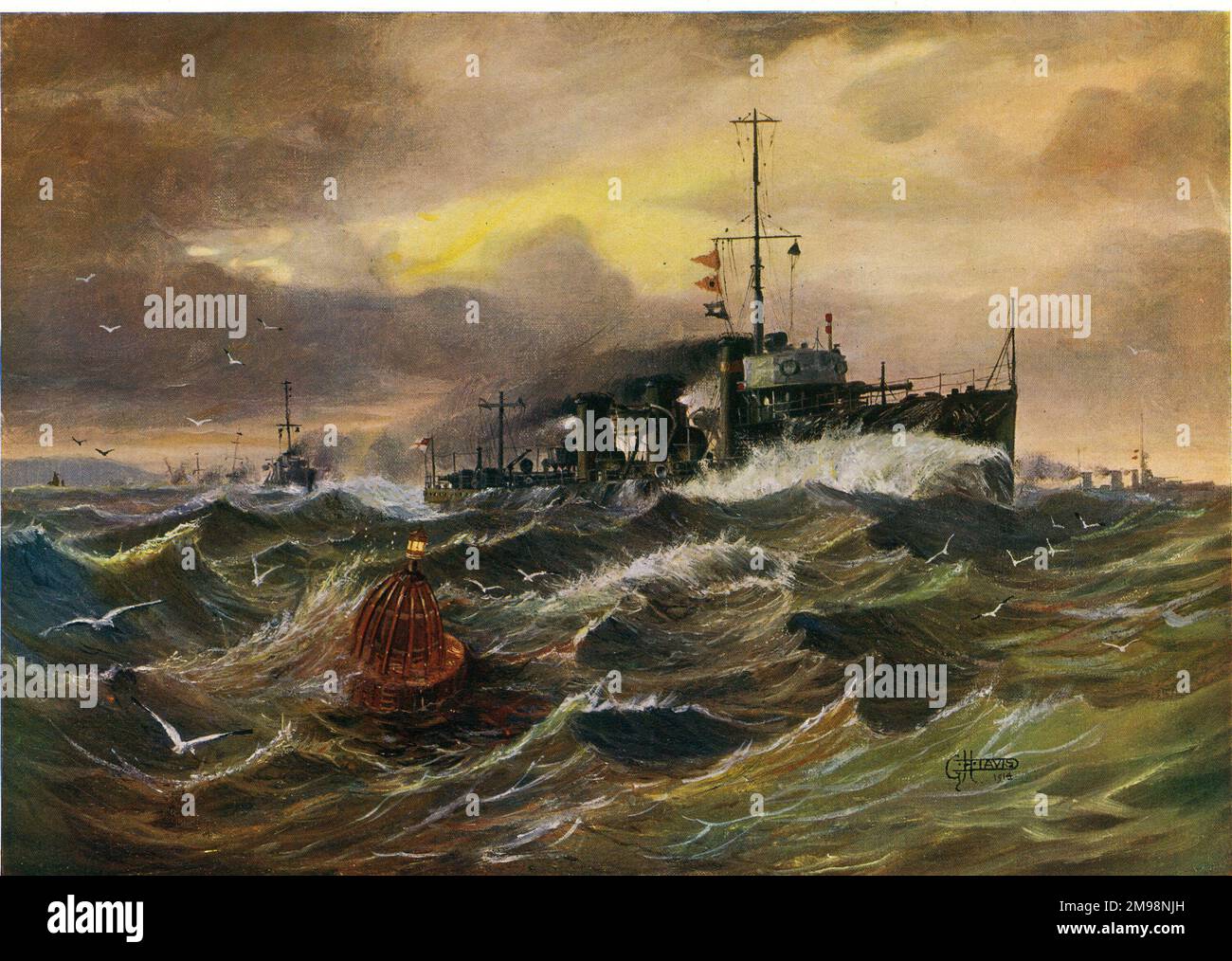 The Fleetest of the Fleet by G H Davis - Destroyers in heavy seas Stock ...