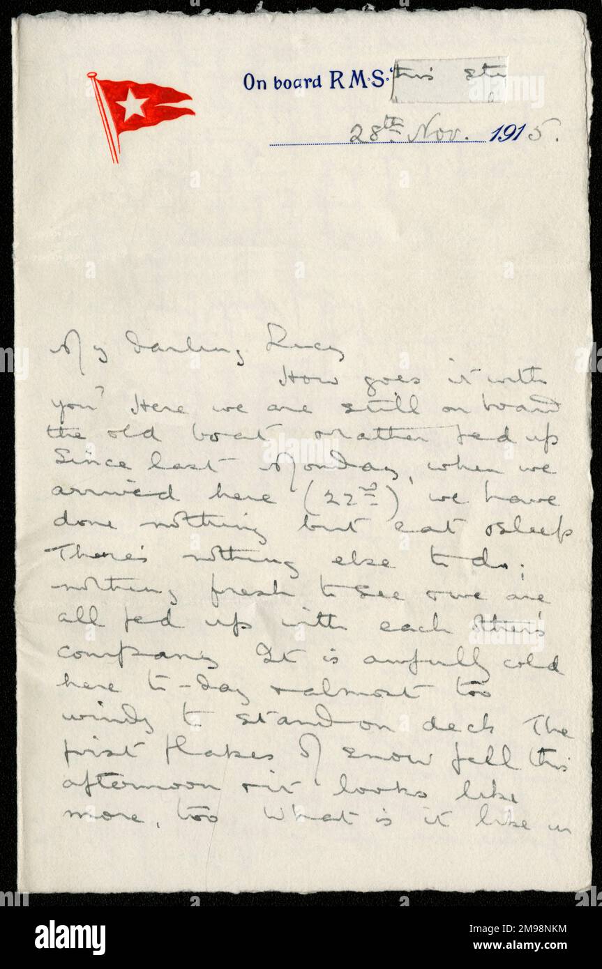 First page of a letter dated 28 November 1915 from Albert Auerbach of the Royal Fusiliers to his sister Lucy from on board RMS Olympic, White Star Line. The ship was transporting Albert and his fellow-soldiers to Gallipoli, to help with evacuation operations. For censorship purposes, in case the letter got into enemy hands, the name of the ship has been cut and removed from the letterhead. Stock Photo