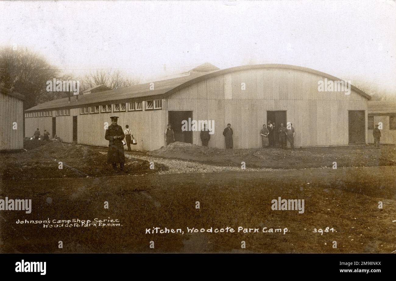 Soldiers at Woodcote Park, Epsom, Surrey (a stately home taken over for military training), during the First World War. The large corrugated iron building is the kitchen. Stock Photo