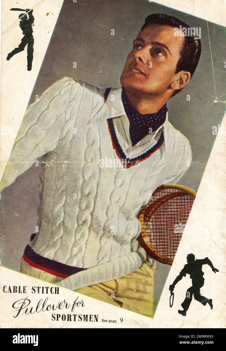 Knitting pattern cover, Men's Tennis Pullover in cable stitch. Stock Photo