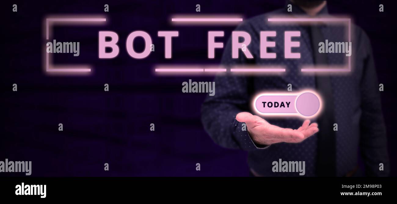 Conceptual caption Bot Free. Word Written on a computer program that works automatically Internet robots Stock Photo