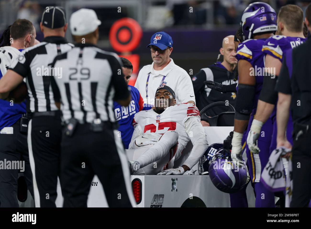 New York Giants' Jason Pinnock is taken off the field after an injury  during the second half of an NFL wild card football game against the  Minnesota Vikings Sunday, Jan. 15, 2023,