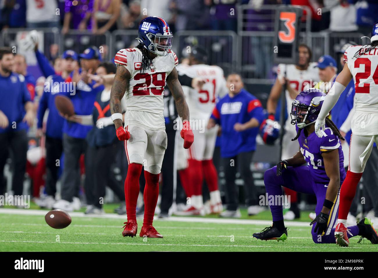 New York Giants safety Xavier McKinney (29) in coverage during an