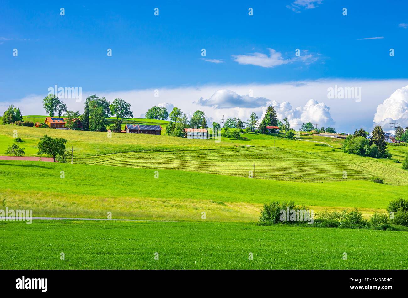 Landscape and rural setting in West Allgäu around the place of Boeserscheidegg near Lindau, Bavaria, Germany. Landschaft und landwirtschaftliche Kulis Stock Photo