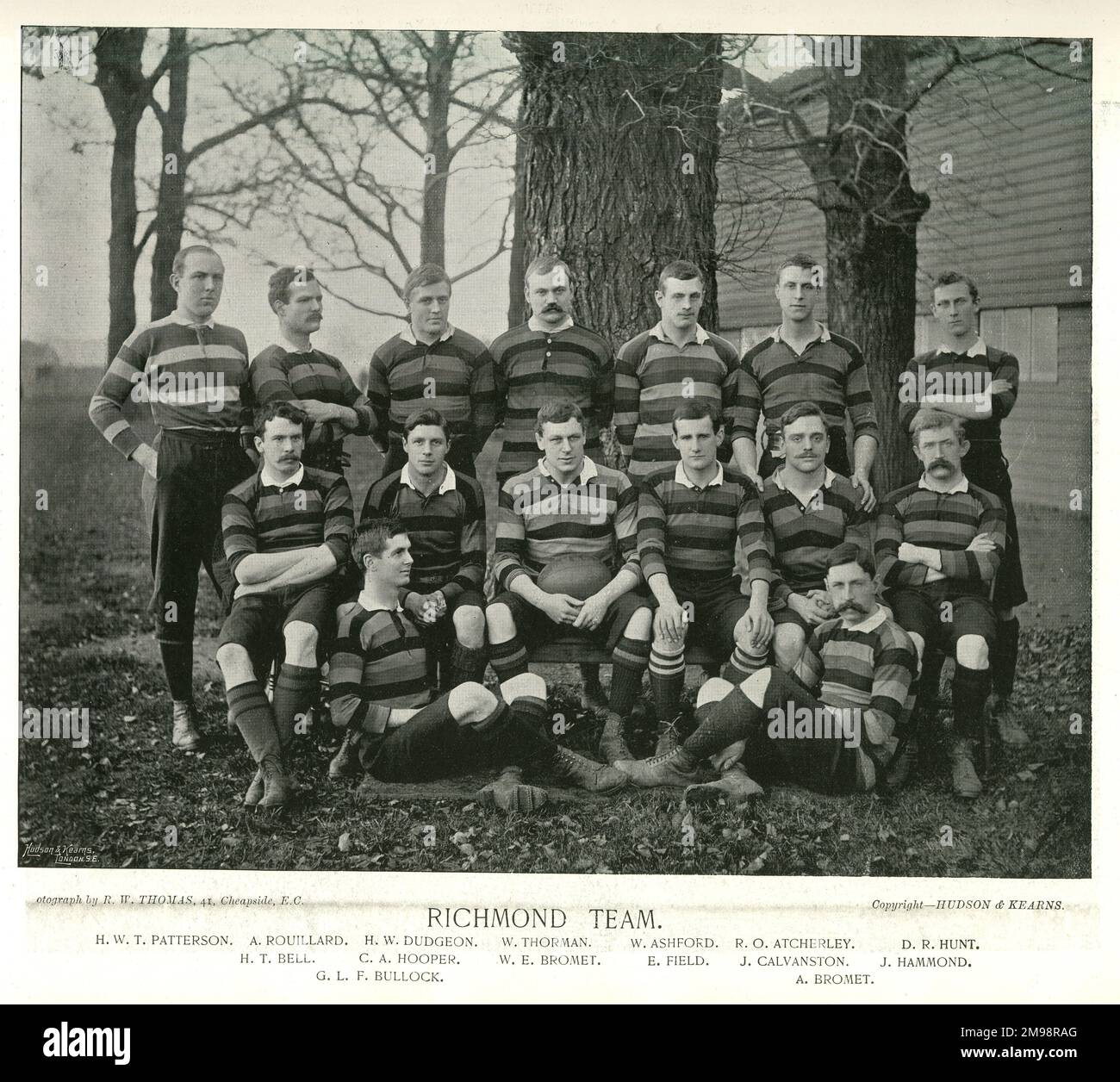 Richmond Rugby Team: Patterson, Rouillard, Dudgeon, Thorman, Ashford, Atcherley, Hunt, Bell, Hooper, Bromet, Field, Calvanston, Hammond, Bullock, Bromet. Stock Photo