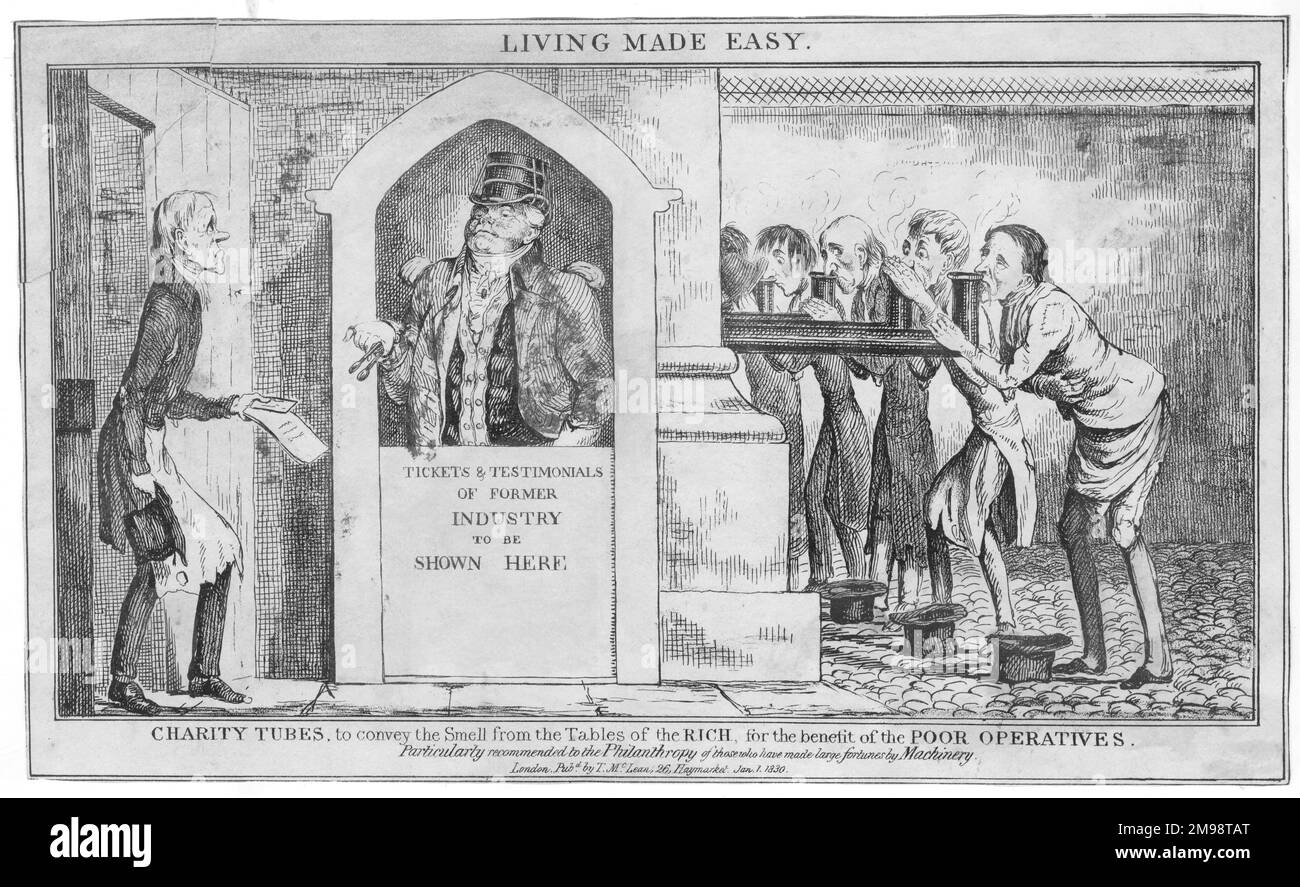 Satirical cartoon, Living Made Easy - Charity Tubes to convey the smell from the tables of the rich for the benefit of the poor operatives. Particularly recommended to the Philanthropy of those who have made large fortunes by Machinery. Stock Photo