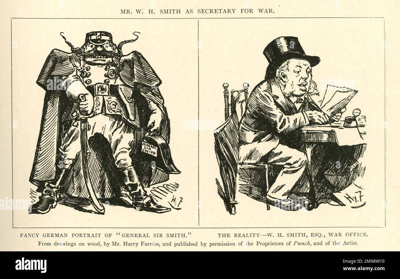 Cartoons, W H Smith as Secretary for War - a Fancy German Portrait, and the Reality. William Henry Smith, newsagent, bookseller and Conservative MP, served as Secretary of State for War from 1886 to 1887. Stock Photo