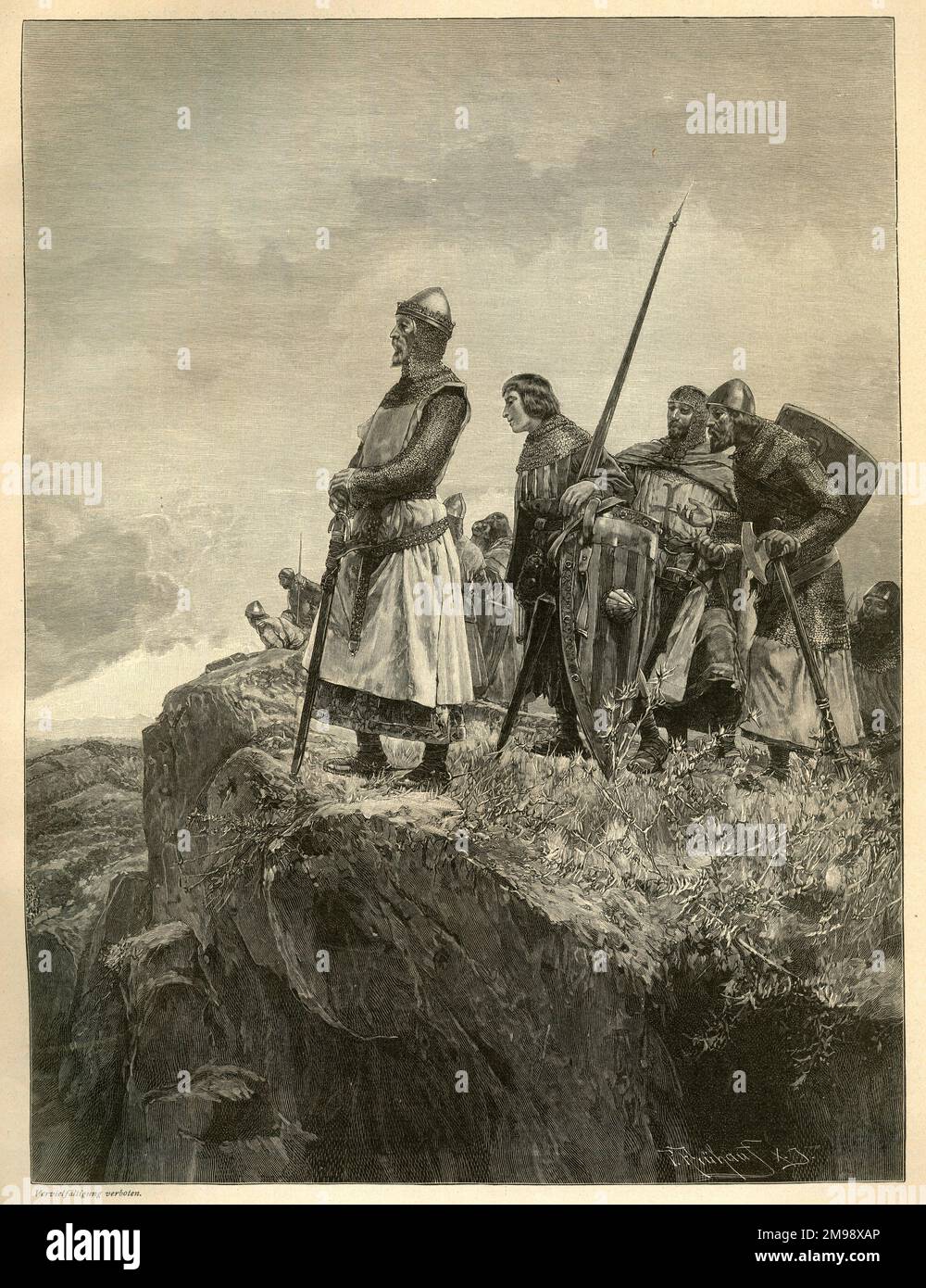 Peter III (Peter the Great), King of Aragon (1239-1285), on the mountains at Col de Panissars (Las Panizas, a pass in the Pyrenees), before the Battle of the Col de Panissars, which he won against Philip III of France. Stock Photo