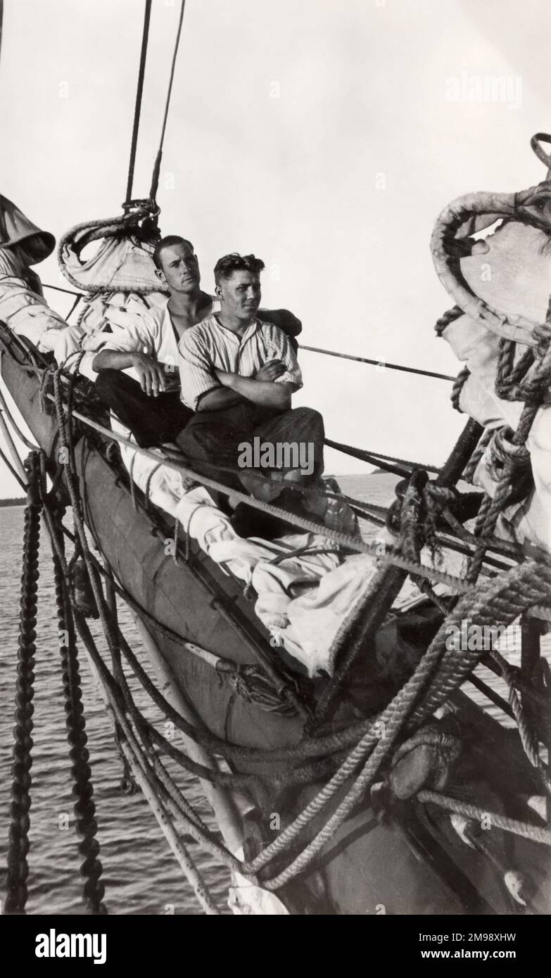 Two sailors sitting in the bow of the fourmasted steel barque