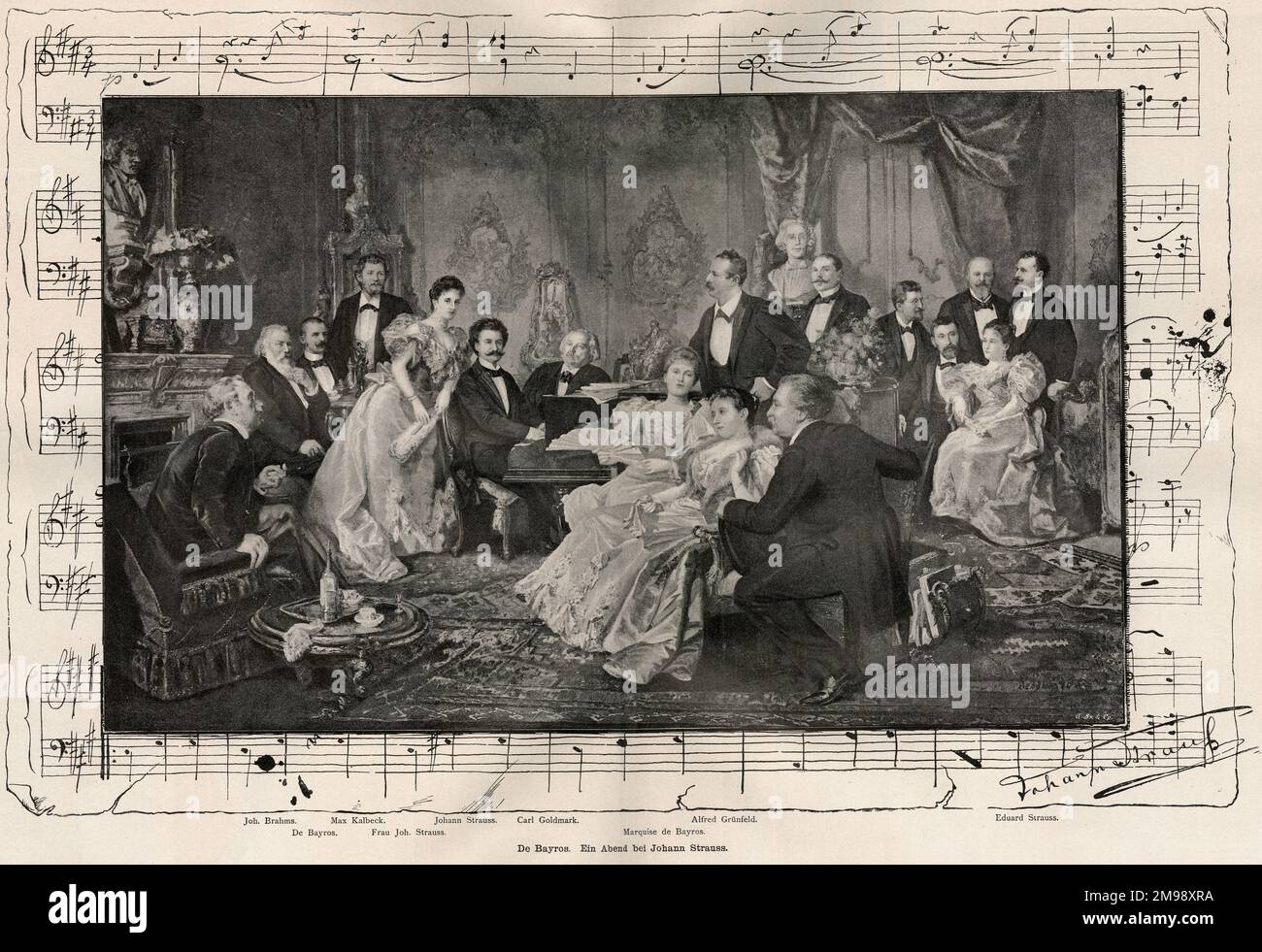 An evening with Johann Strauss, including Johannes Brahms, Max Kalbeck, Johann Strauss (at the piano), Carl Goldmark, Alfred Grunfeld, Eduard Strauss, De Bayros, Mrs Strauss, Marquise De Bayros, all superimposed on a musical manuscript of The Blue Danube Waltz, with Strauss's signature in the lower right corner. Stock Photo