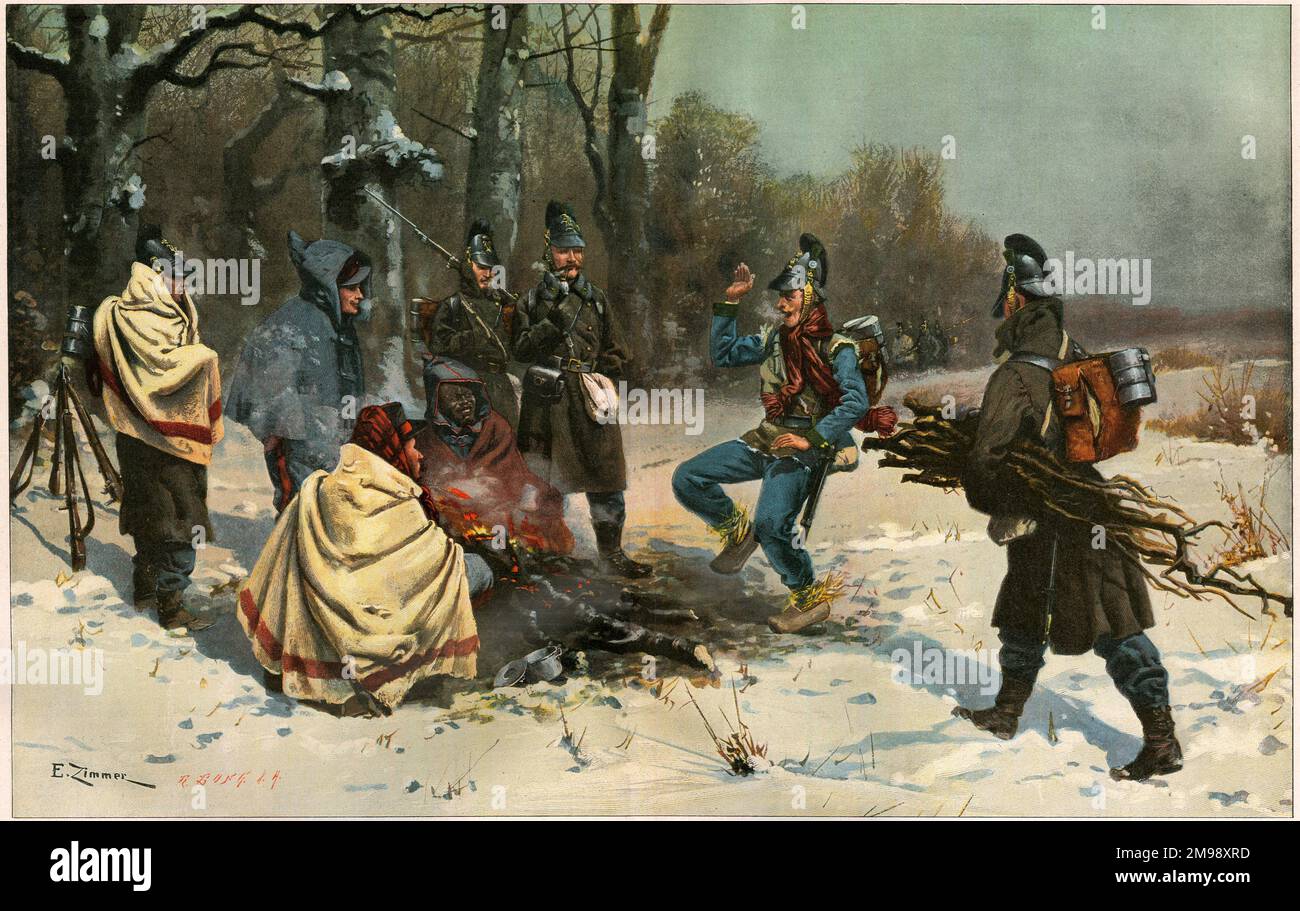 Christmas at the Loire - Prussian soldiers trying to keep warm in a snowy landscape. Stock Photo